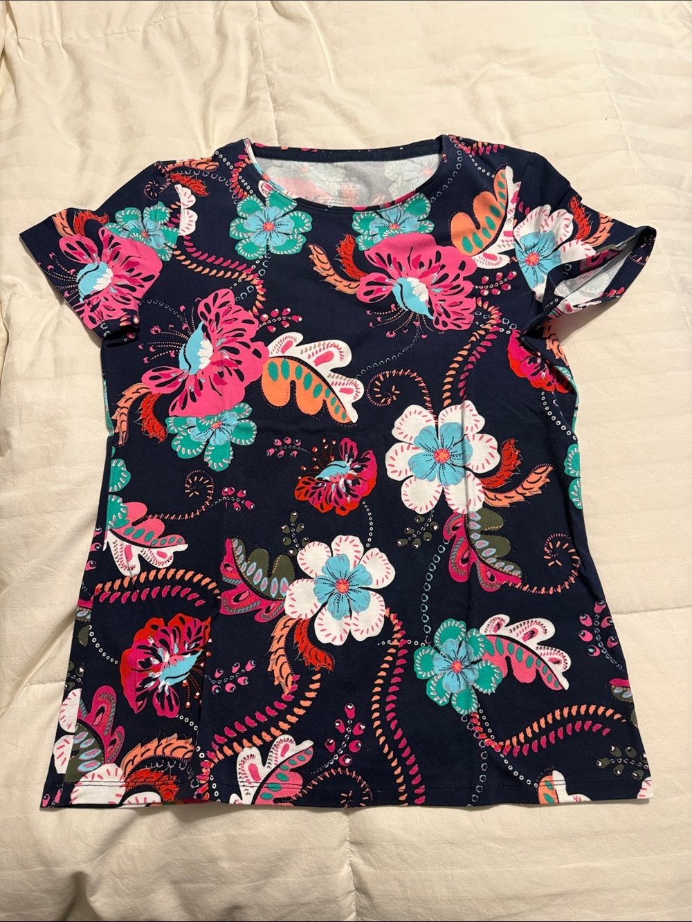 Talbots - Navy Floral Short Sleeve Tee with Bright Multi-Color Blooms - Small